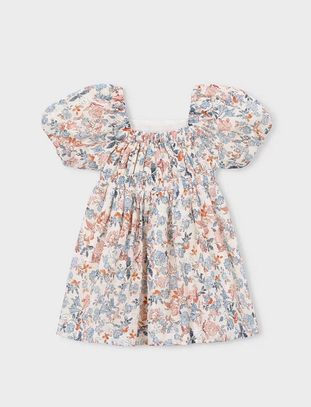 3928 Mini Girls Puff Sleeve Floral Print Dress - Salmon and Ocean Blue