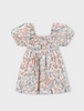 3928 Mini Girls Puff Sleeve Floral Print Dress - Salmon and Ocean Blue