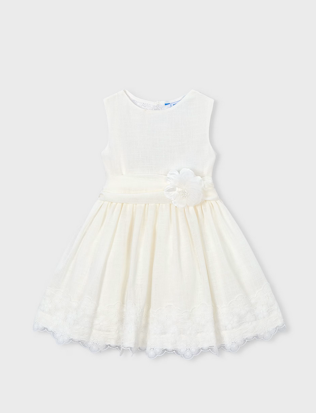 3914 Mini Girls Embroidered Lace Back Linen Formal Dress - Natural White