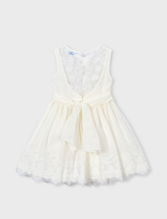 3914 Mini Girls Embroidered Lace Back Linen Formal Dress - Natural White