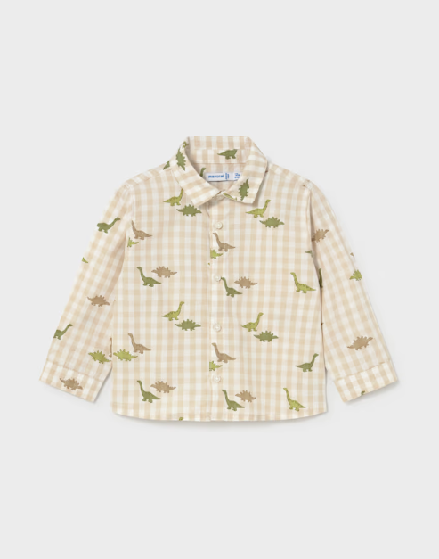 2110 Toddler Boy L/S Check Dino Print Collared Dress Shirt - Olive Green