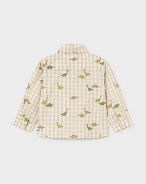 2110 Toddler Boy L/S Check Dino Print Collared Dress Shirt - Olive Green