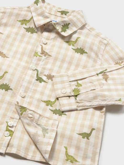 2110 Toddler Boy L/S Check Dino Print Collared Dress Shirt - Olive Green