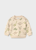 2416 Toddler Boy Natural and Green Dino Print Crewneck Sweatshirt - Light Taupe