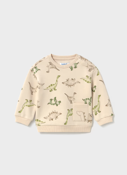 2416 Toddler Boy Natural and Green Dino Print Crewneck Sweatshirt - Light Taupe