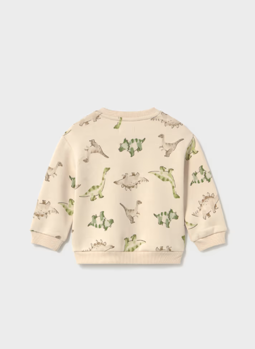 2416 Toddler Boy Natural and Green Dino Print Crewneck Sweatshirt - Light Taupe
