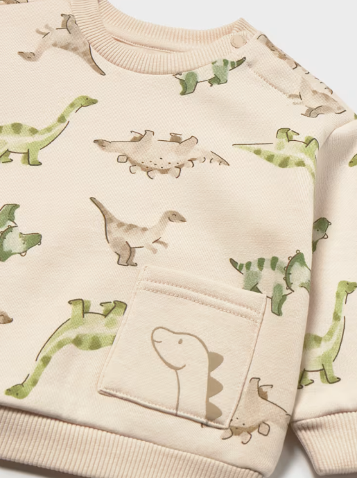 2416 Toddler Boy Natural and Green Dino Print Crewneck Sweatshirt - Light Taupe