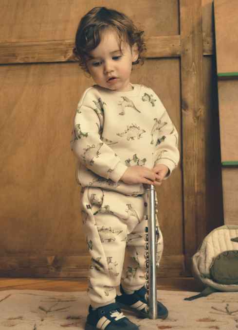2358 Toddler Boy Natural and Green Dino Print Sweatpants - Light Taupe