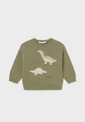 2371 Toddler Boy Green Intarsia Knit Crewneck Sweater - Bayleaf Dino