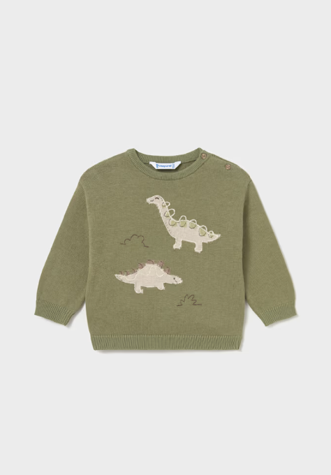 2371 Toddler Boy Green Intarsia Knit Crewneck Sweater - Bayleaf Dino