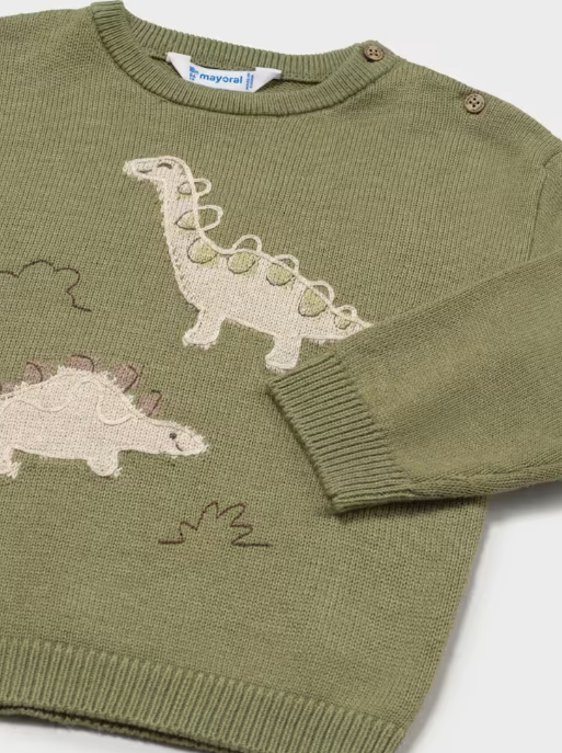 2371 Toddler Boy Green Intarsia Knit Crewneck Sweater - Bayleaf Dino