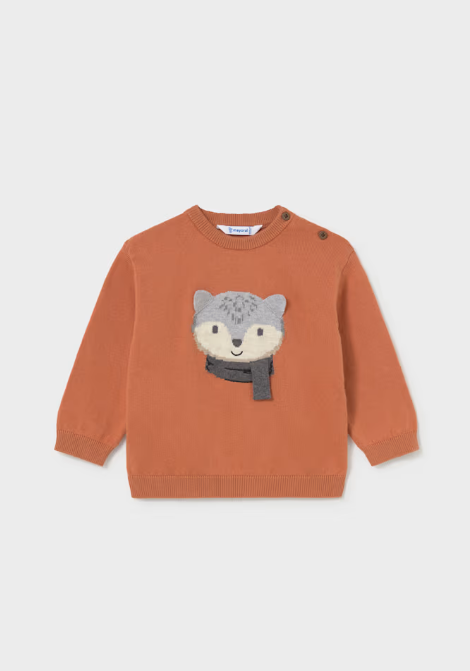 2372 Toddler Boy Fox 3D Scarf Knit Crewneck Sweater - Brick red