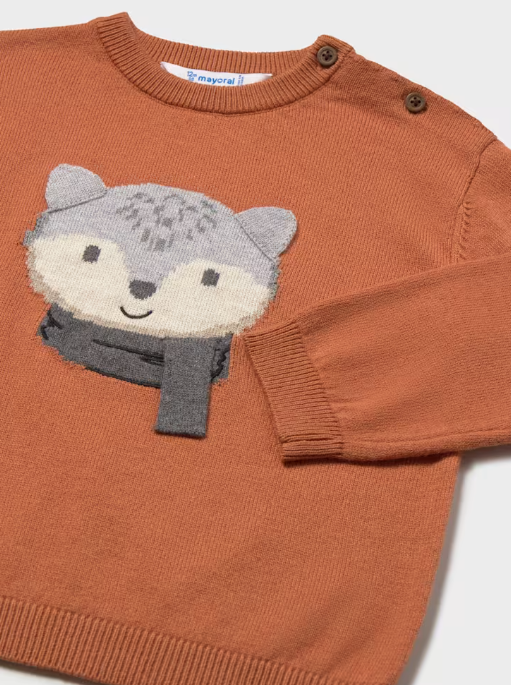 2372 Toddler Boy Fox 3D Scarf Knit Crewneck Sweater - Brick red