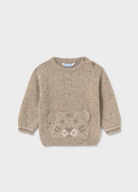 2374 Toddler Boy Tiger Kangaroo Pocket Knit Sweater - Tweed
