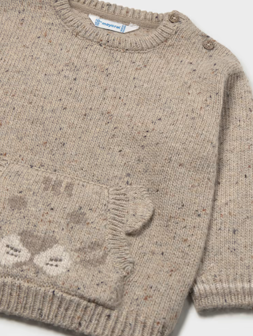 2374 Toddler Boy Tiger Kangaroo Pocket Knit Sweater - Tweed