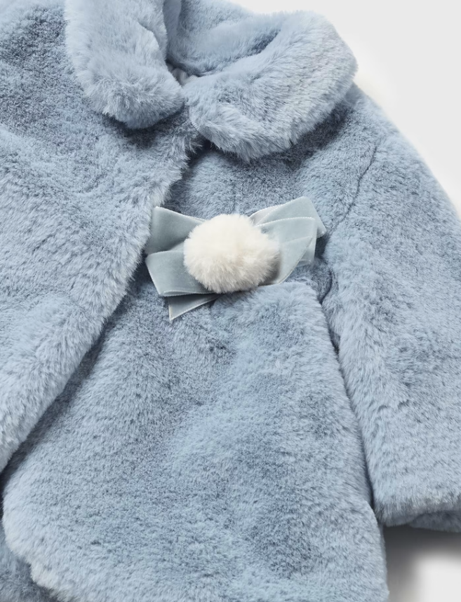 Plush Faux Fur Opera Coat - Chalky Blue - Close-up Bow