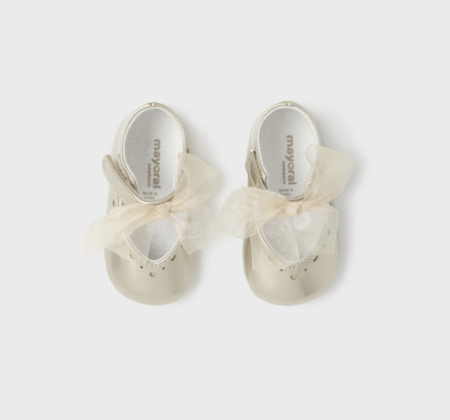 Leatherette Bow Mary Jane Non-Skid Heart Bottom - Light Gold - Top View