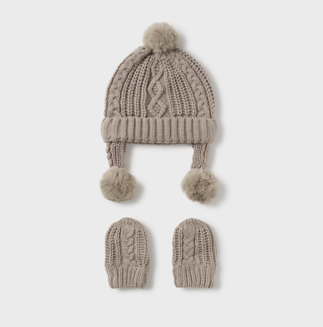 Eco-Knit Pom Beanie w/Ear Cover & Mitten Set, Lt Brown Latte