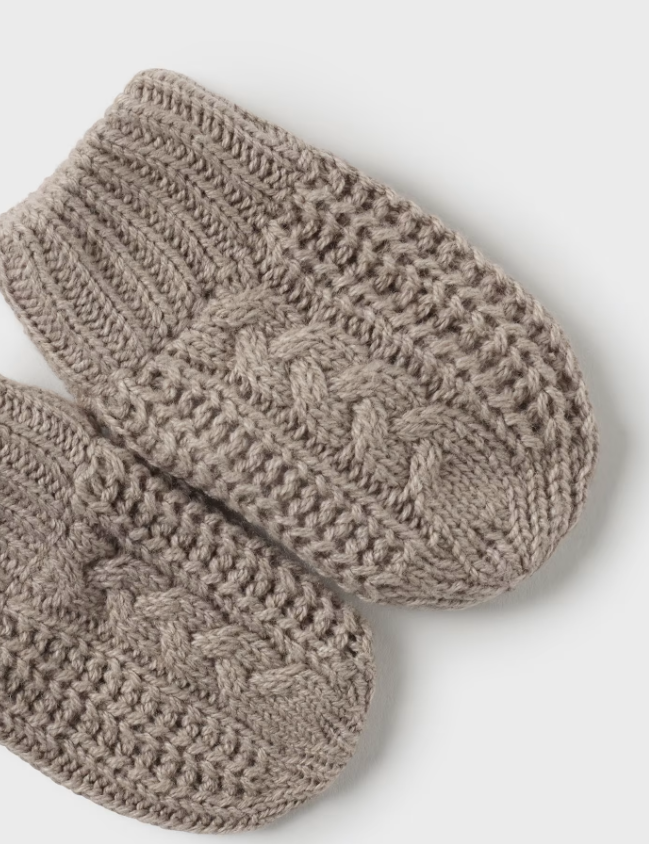 Eco-Knit Pom Beanie w/Ear Cover & Mitten Set, Lt Brown Latte - Close-up Mittens