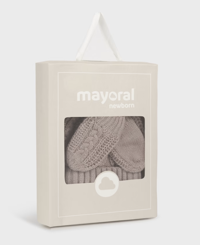 Eco-Knit Pom Beanie w/Ear Cover & Mitten Set, Lt Brown Latte - Box