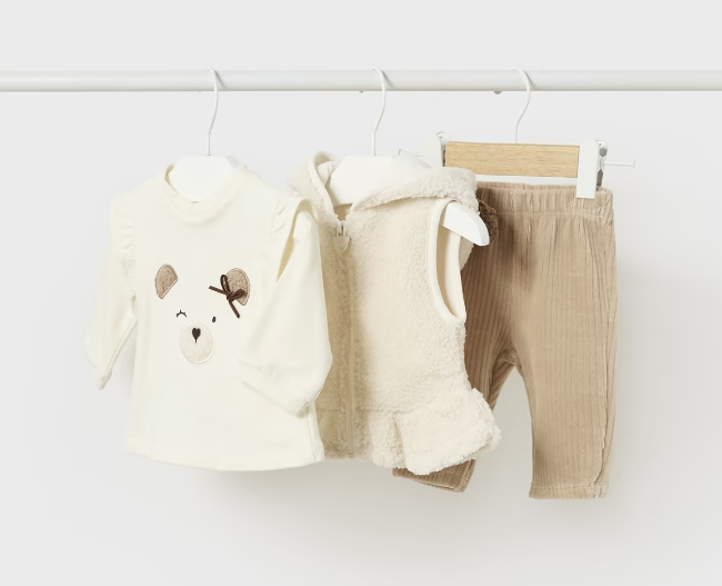 3PC Hooded Sherpa Vest Tracksuit Set - Natural Teddy Bear