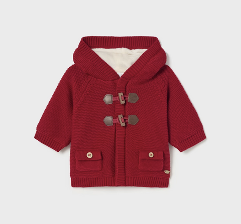 2302 Mayoral Baby Boys Plush Lined Knit Hooded Toggle Coat - Cherry
