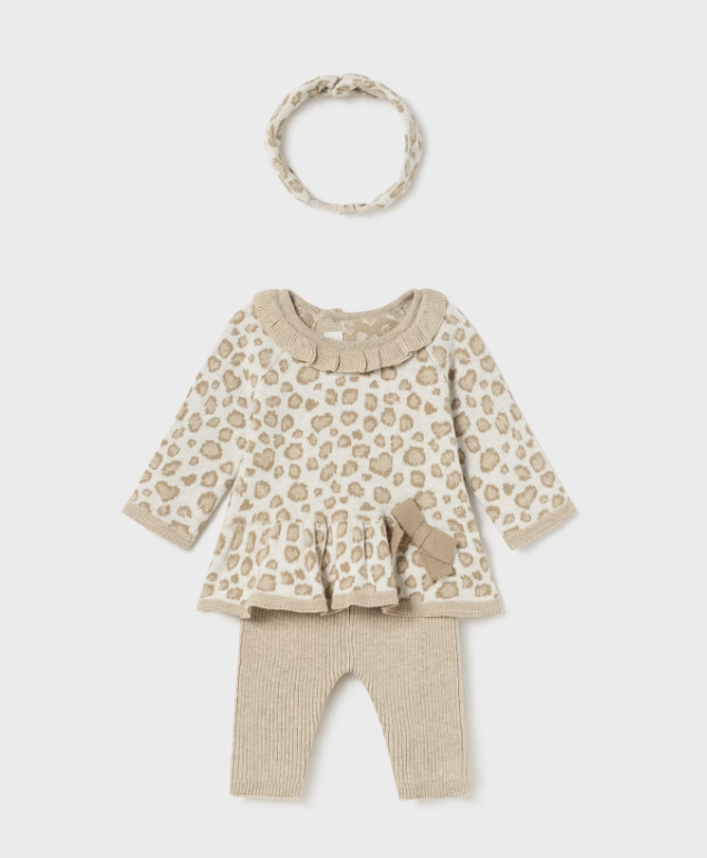 3PC Knit Set, Cheetah-print/Hazelnut - Front