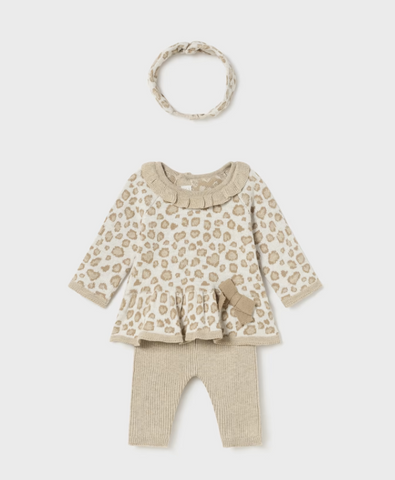 2743 Mayoral Baby Girls 3PC Knit Dress Legging Headband Set - Milk Leopard