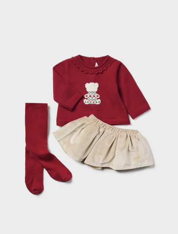 2867 Mayoral Baby Girls 3PC Knit Intarsia Sweater, Tights,  & Velvet Skirt Set - Cherry