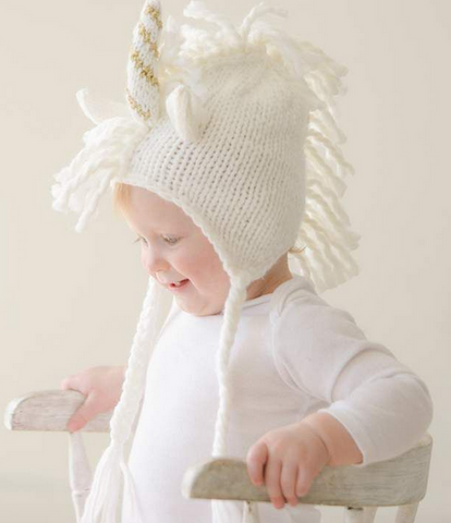 Blueberry Hill Knit Unicorn Hat, White/Gold