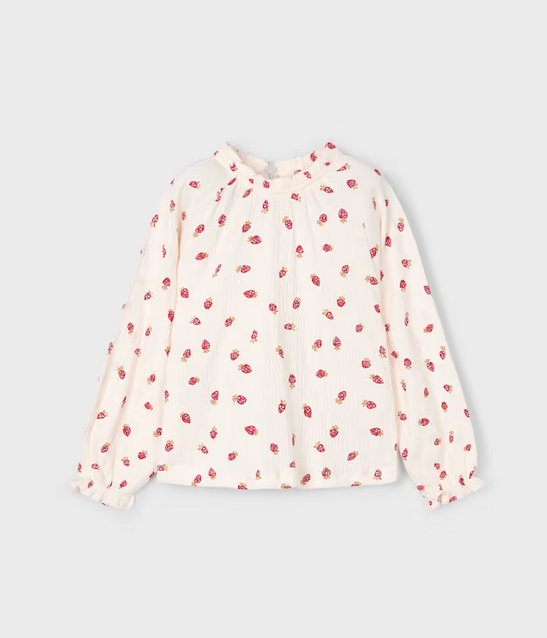 4003 Mini Girls Flowy Bambula Ruffled L/S Shirt - Natural Strawberries