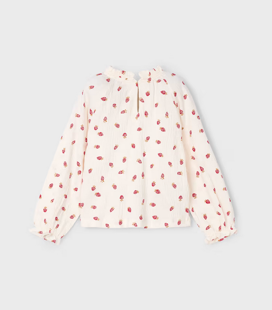 4003 Mini Girls Flowy Bambula Ruffled L/S Shirt - Natural Strawberries