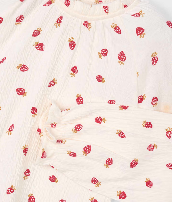 4003 Mini Girls Flowy Bambula Ruffled L/S Shirt - Natural Strawberries