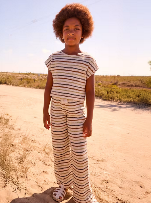 6022 Teen/Tween Girls Eco-Cotton Crochet Look Top - Bone Clay Striped