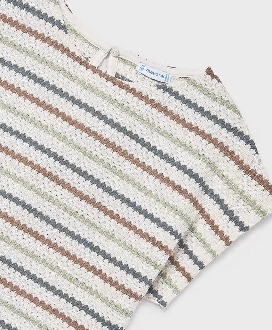 6022 Teen/Tween Girls Eco-Cotton Crochet Look Top - Bone Clay Striped