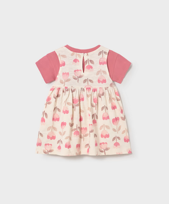 1922 Toddler Girls Eco Cotton Tulip Print Dress w/ Ribbed T-Shirt (S/S Cardigan) - Blush