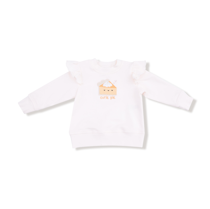 Angel Dear Ruffled Shoulder French Terry Sweatshirt - Embroidered Cutie Pie