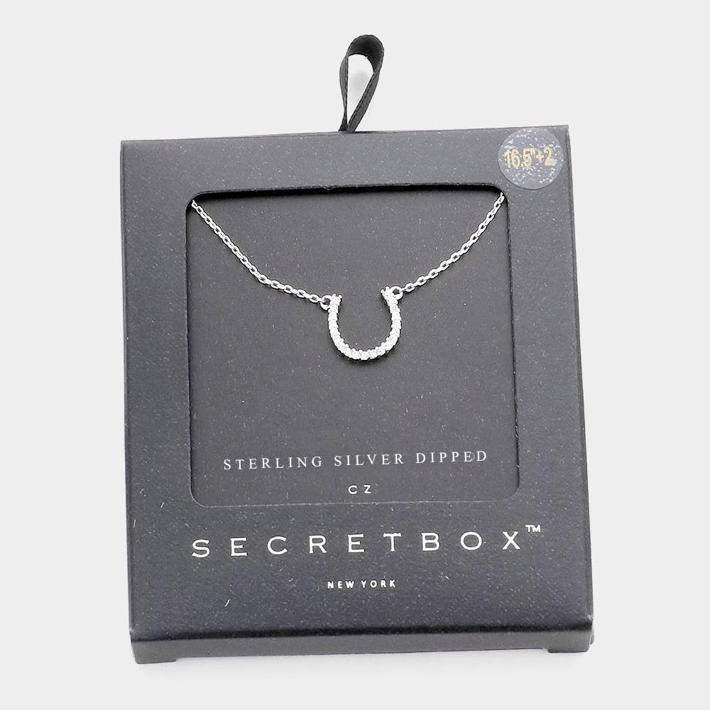 Secret Box Sterling Silver Dipped CZ Horseshoe Pendant Necklace in a black gift box