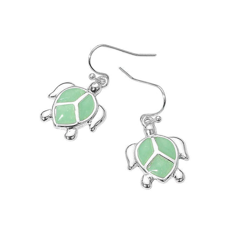 Silver Hook Dangle Earrings, Green Sea Glass Turtle