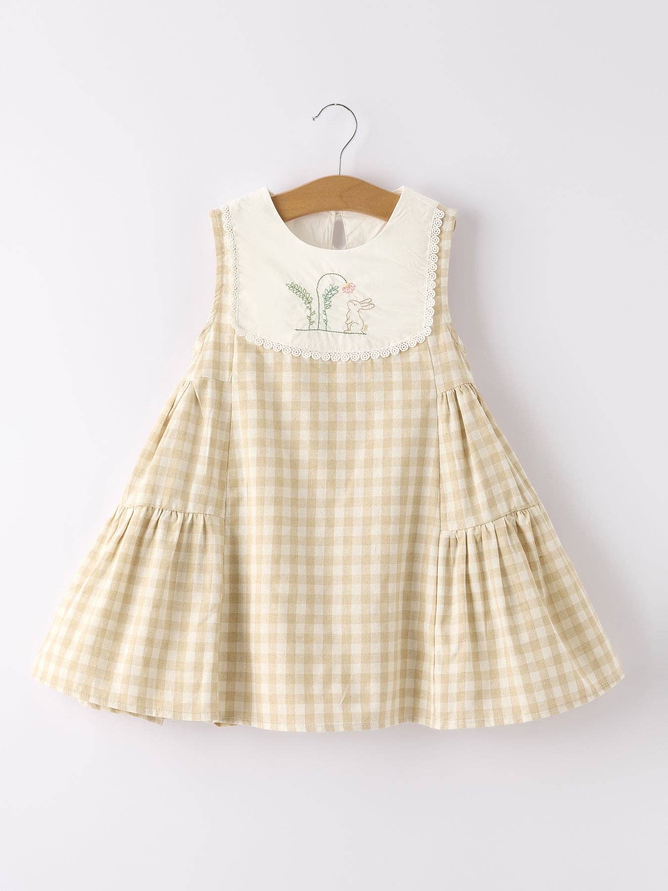 Sleeveless Embroidered Bunny Bib Flare Dress - Natural Gingham