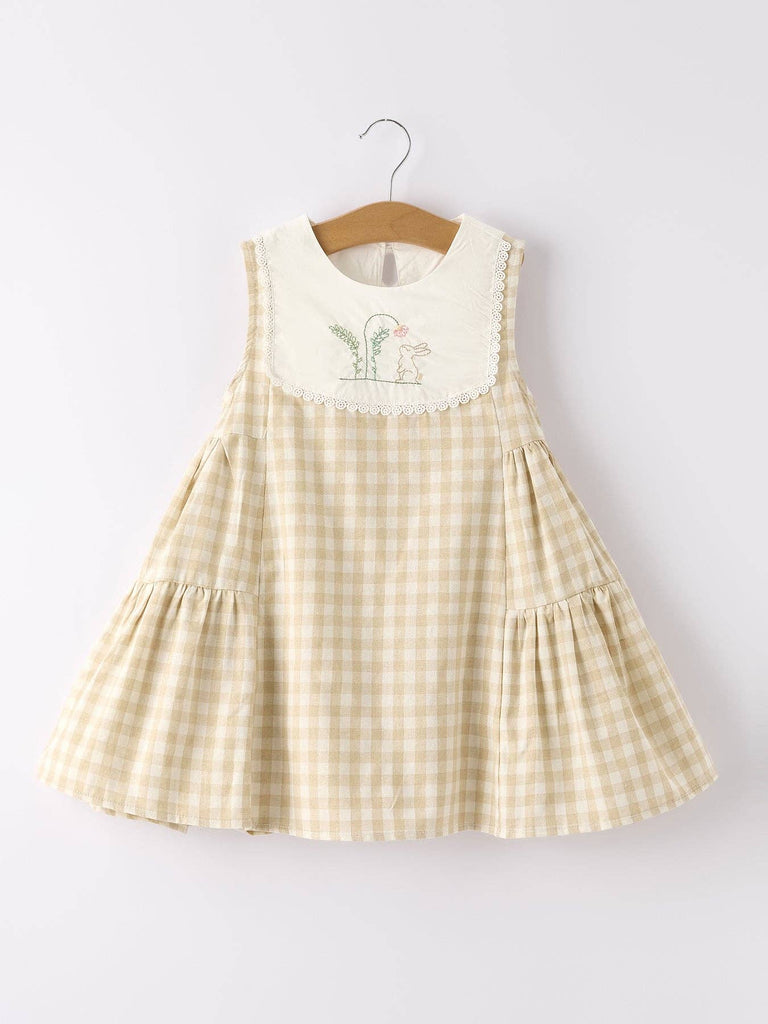 Sleeveless Embroidered Bunny Bib Flare Dress - Natural Gingham
