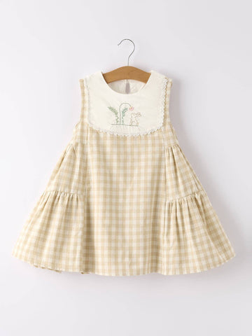 Sleeveless Embroidered Bunny Bib Flare Dress - Natural Gingham