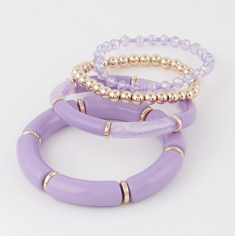 Stretchy Bead & Bar Bracelet, 4PC Stacking Set - Lavender