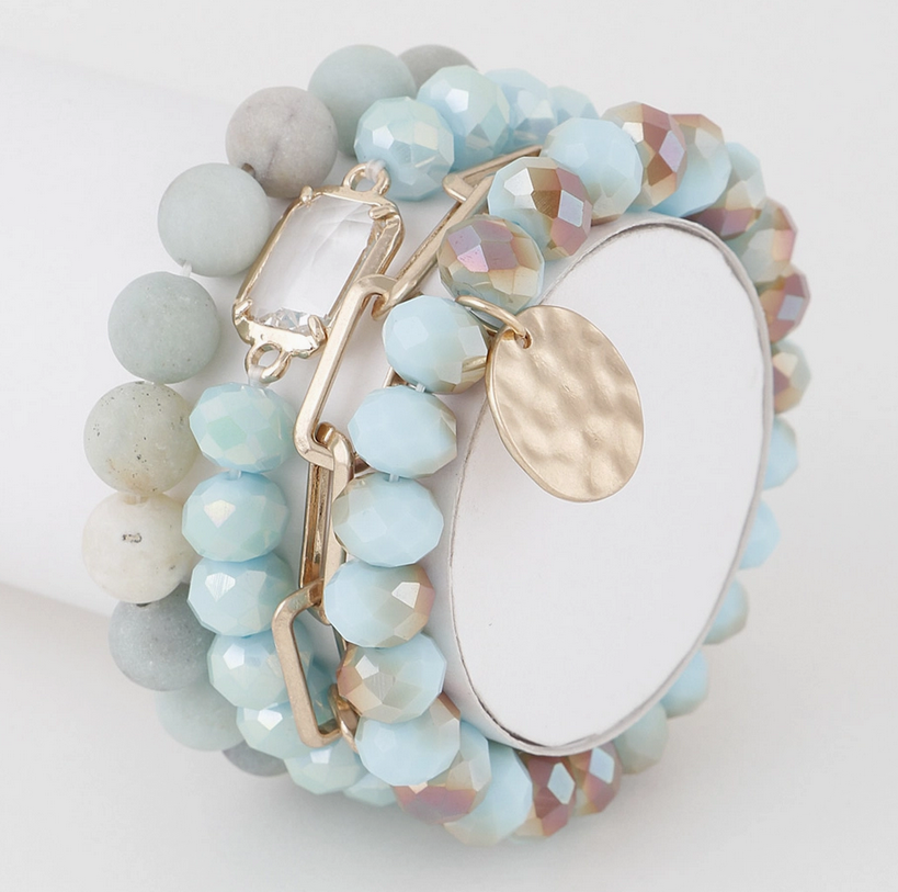 Stone Bead Stretchy Bracelet, 4PC Stacking Set - Lt Aqua Blue