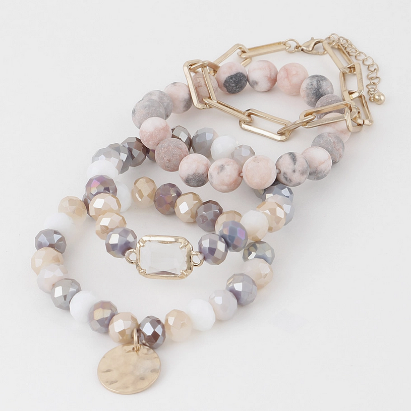 Stone Bead Stretchy Bracelet, 4PC Stacking Set - Light Multi