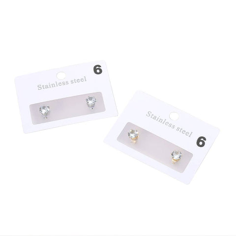 Stainless Steel 6mm Round Rhinestone Stud Earrings - Silver or Gold