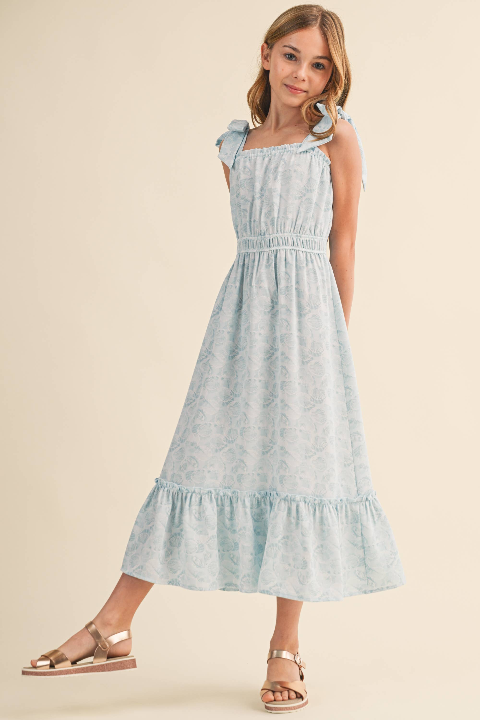 Tween and Teen Girls Maxi Sundress - Juliette Blue Ocean Sea Shells