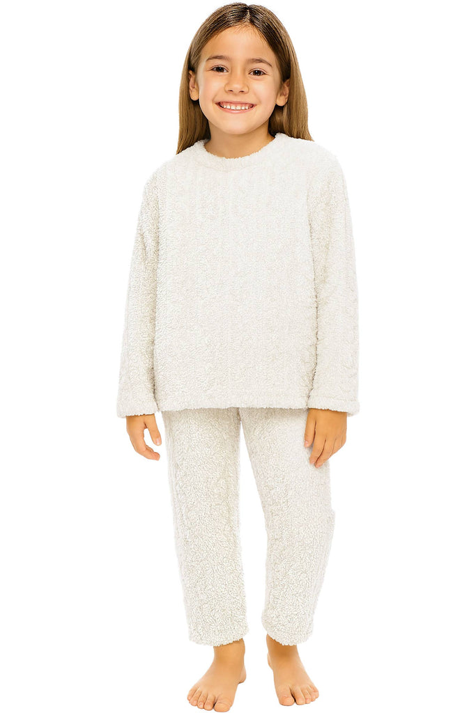 UNISEX Mini Kids Plush Cable Fuzzy Sherpa Fleece Pajama Set - Ivory