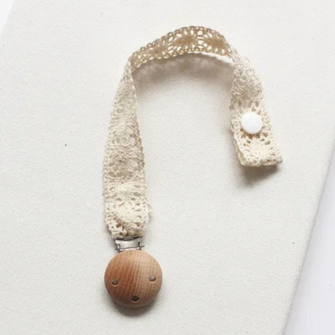 Handmade Universal Pacifier/Toy Clip, Wood Round & Crochet Natural