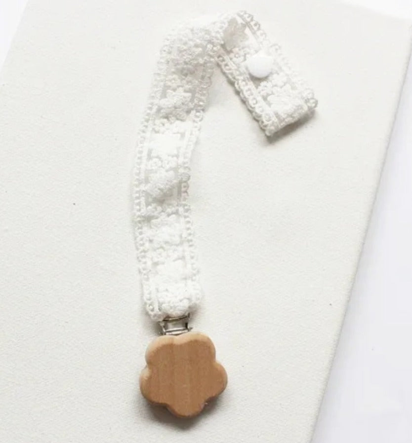 Handmade Universal Pacifier/Toy Clip, Wood Flower & White Vintage Lace